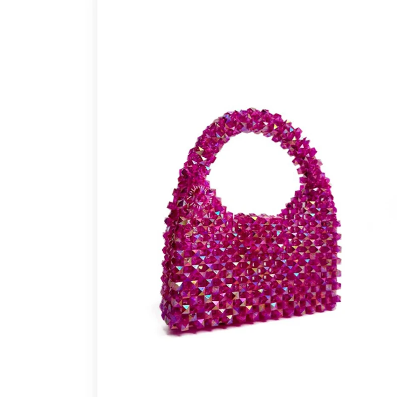 

Customized Ins Rose Red Sparkling Crystal Bead Woven Women's Bag 2024 New Fashionable Acrylic Handmade Beaded Flip Handbag