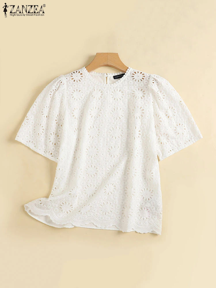 ZANZEA Korean Fashion Hollow Out Embroidery Blouses Women Summer Casual Short Sleeve Lace Patchwork Blusas Holiday Tops Feminina