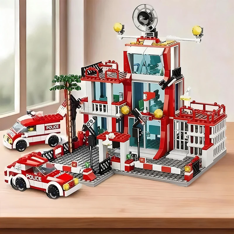 

Police and Fire Station Building Blocks Set with Rescue Truck Car Figures Construction Toy for Boys Kids Learning Christmas Gift
