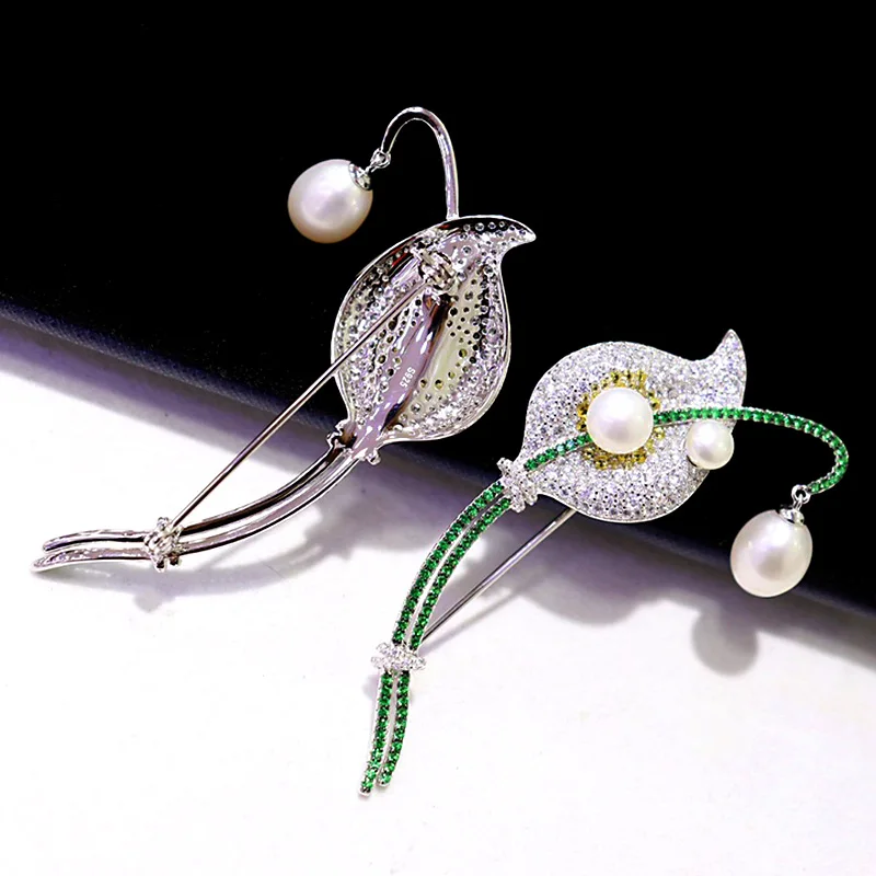 ZOCA New 925 Sterling Silver Natural Freshwater Pearl Leaf Brooch Women's Gift Quality Zircon Fine Jewelry Party Birthday Gift