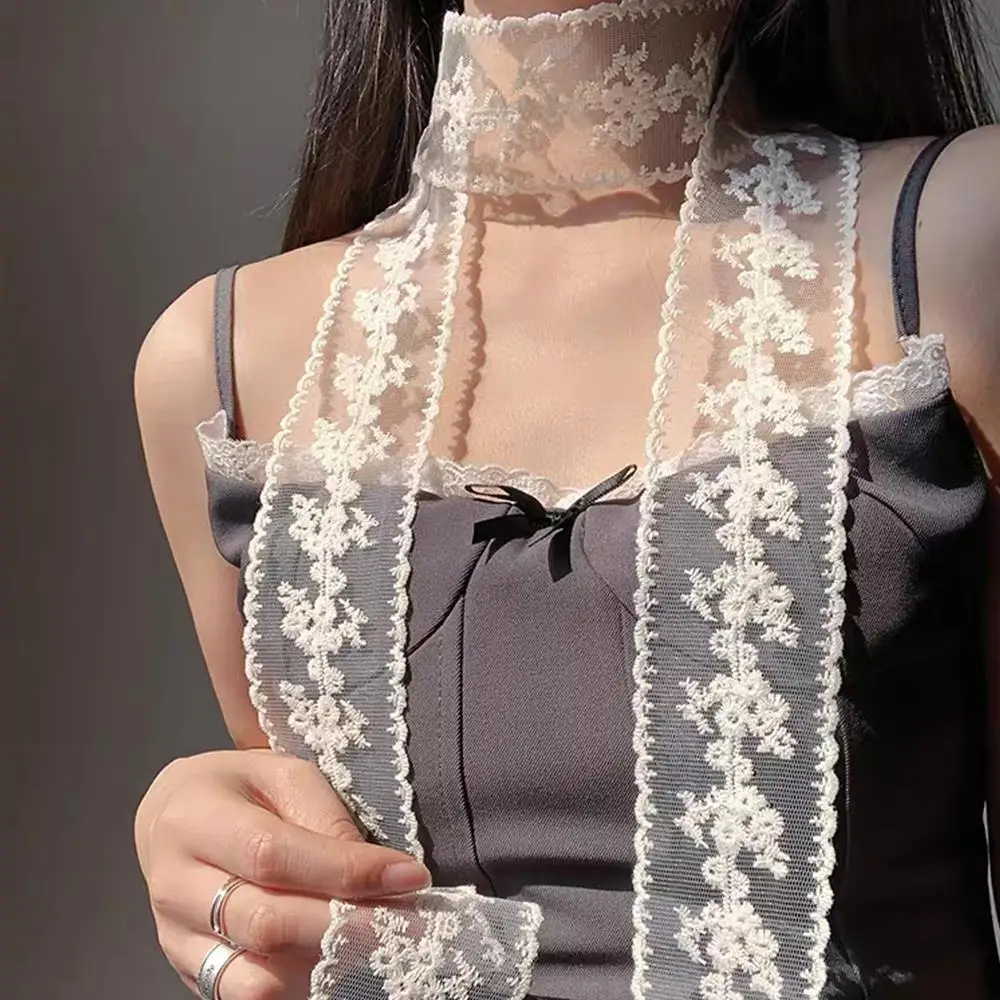 Collar decorativo de encaje de flores blancas, bufanda de cinta larga de encaje, pañuelo para la cabeza, bufandas para envolver la cabeza, bufanda para el cabello con bordado Floral suave