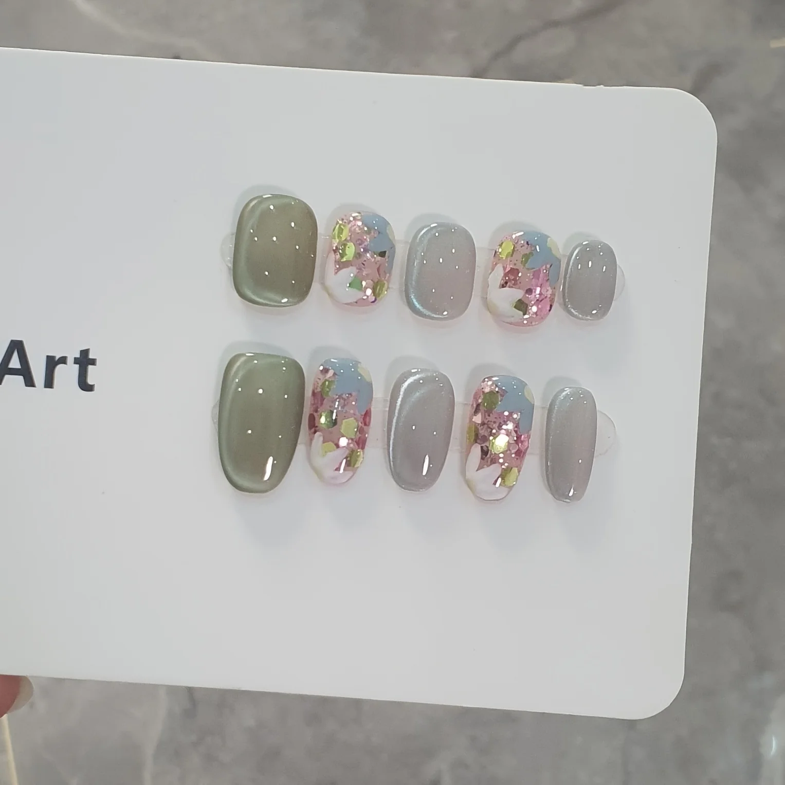 

10pcs Handmade Press on Nail Green Glass Beads Cat's Eye Hand-Painted Carved False Nail Removable Wearable Nail for Women&Girl