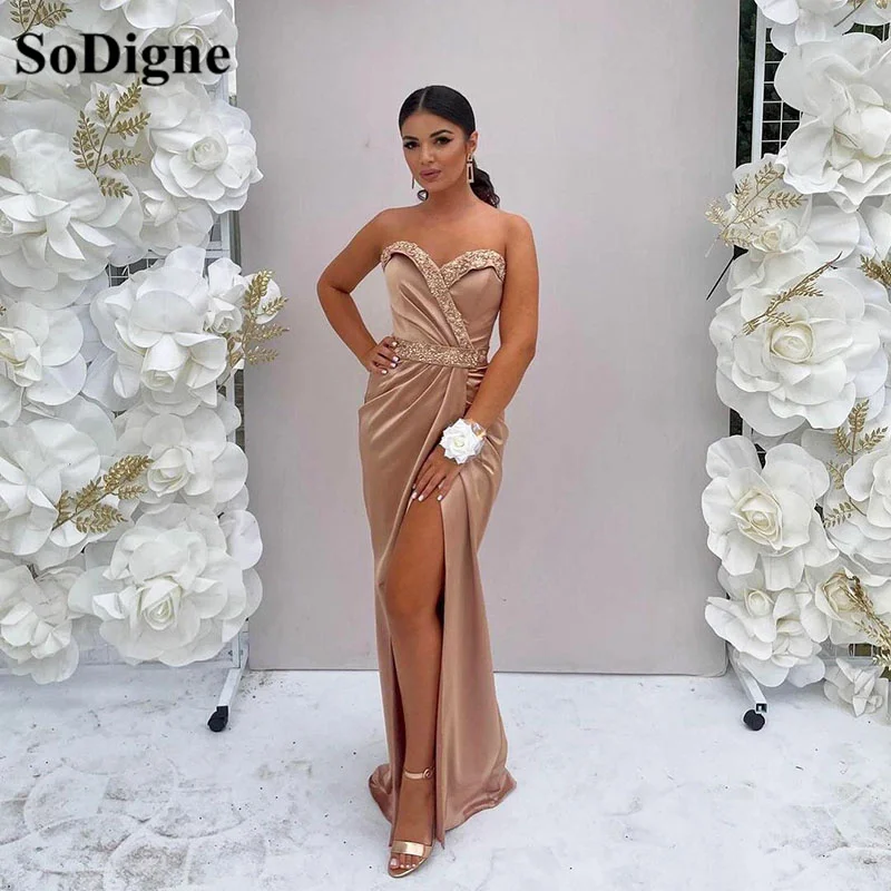 

SoDigne Satin Arabic Evening Party Dresses Mermaid Shiny Sequines Women Bodycon Prom Gowns Sexy Slit Wedding Pageant Dress