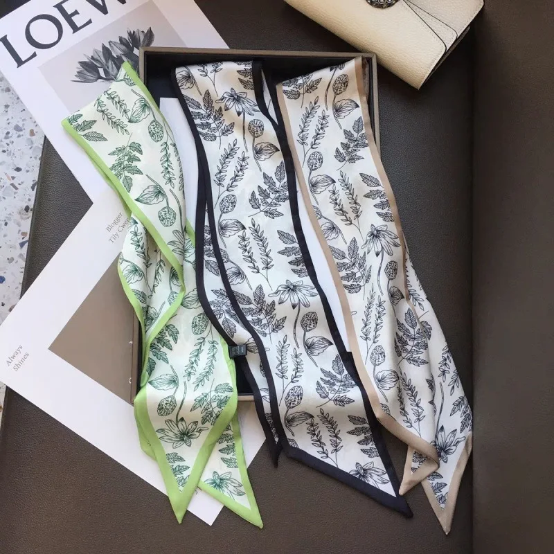 Spring Summer Sketch Plant Floral Scarf, Skinny Hair Band, Bag Belt Ribbon, Braided Hair Scarf & Neck Scarf for Women