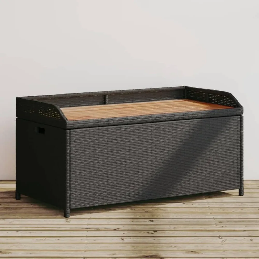 Outdoor Storage Bench - Black Poly Rattan & Acacia Wood with Water-Resistant Storage Bag, 39.4