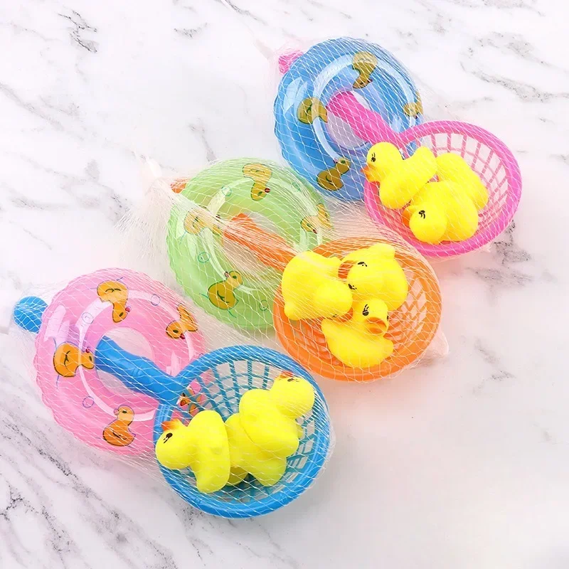 Mini Bath Toys Cartoon Baby Water Fun Bath Toys Swimming Rings Rubber Color Yellow Ducks Fishing Net Washing Toddler Kids Toy