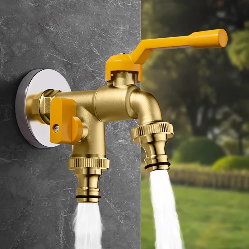 1Pc Zinc Alloy Double Outlet Garden Tap Two‑Way Water Spigot Ball Valve Outdoor Water Tap for Lawn Irrigation Hose Connector