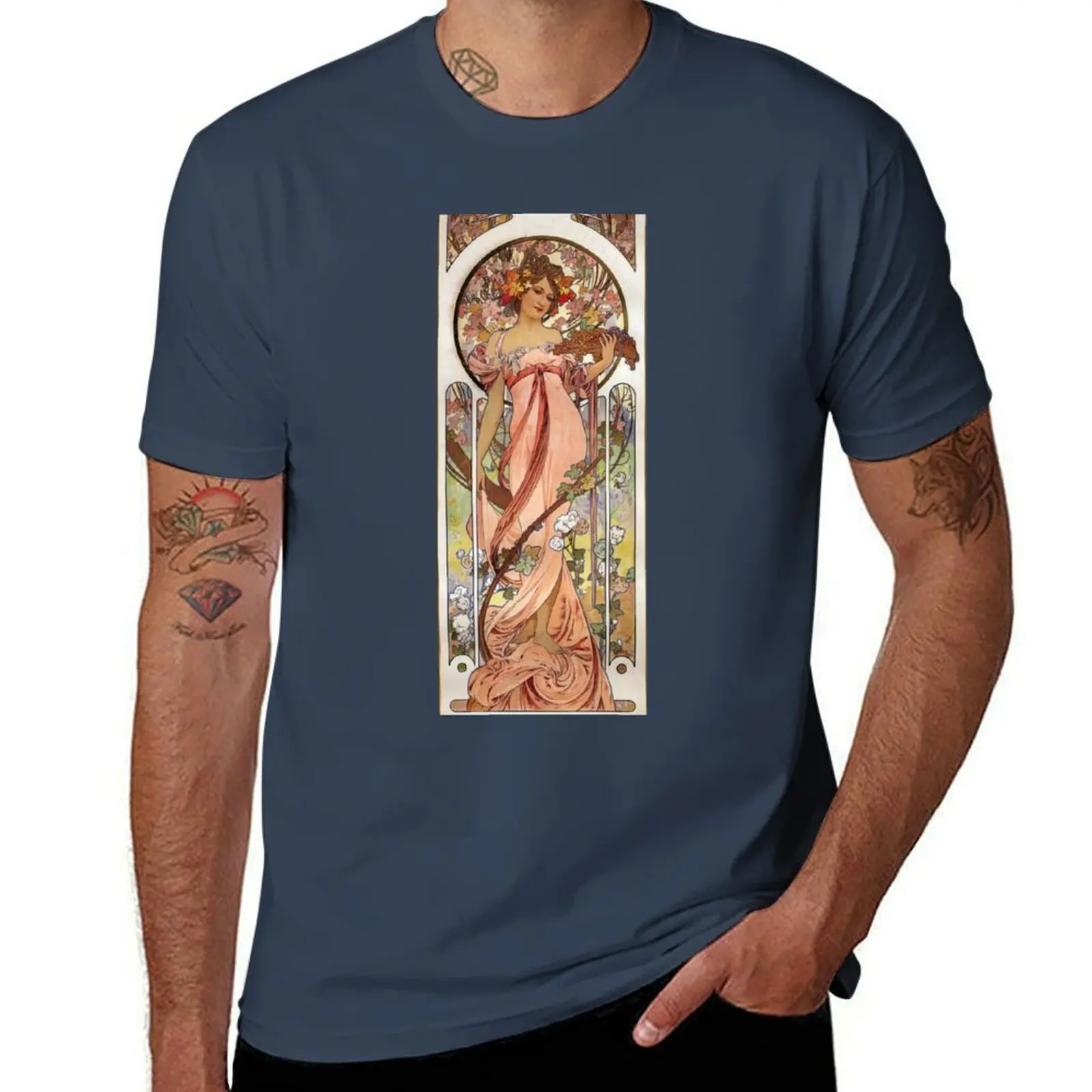 Alphonse Mucha - Woman in Vineyard with Flowers T-Shirt Casual Fashion Short Sleeve Cotton T-Shirt