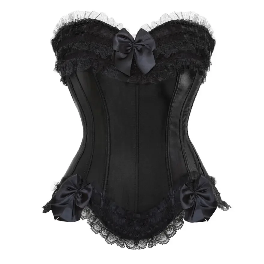 

Sexy Lace Overbust Corset Top Women Vintage Satin Bow Bustier Lingerie With Zipper Plus Size Body Shaper Burlesque Corsets