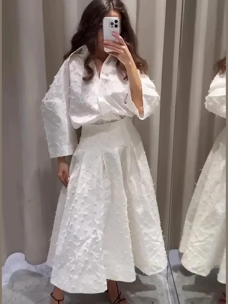 

Элегантные женские комплекты с кисточками, лето 2024, женские костюмы-рубашки с юбкой, свободная футболка с длинными рукавами, уличная офисная одежда, плиссированные наряды