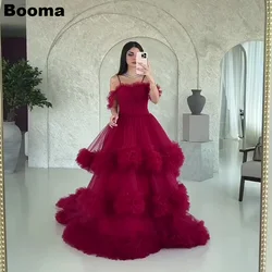 Booma Dark Red Off Shoulder Prom Dresses Ruched Tiered Tulle Evening Party Dresses Floor Length Formal Occasion Gowns for Women