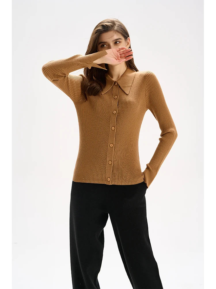 Autumn and Winter Light Luxury Fashion Lazy Merino 100% Wool polo Polo Polo Women\'s Camel Cardigan