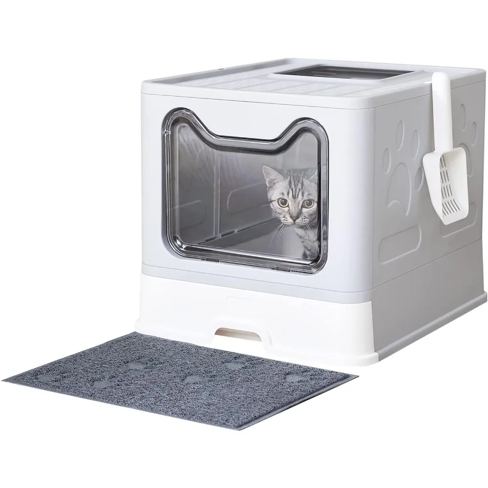 

Cat Litter Box with Litter Mat and Scoop, Large Foldable Litter Box with Lid, Odor Control Easy Clean (Grey) Freight free