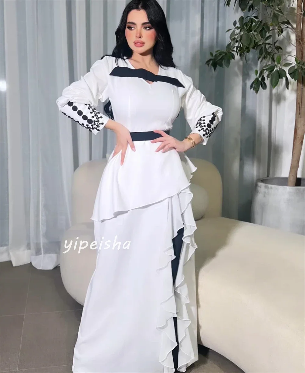 Gaun Panjang Gaun Acara Dipesan Lebih Dahulu Kerah V A-line Malam Berlian Imitasi Kancing Jersey Kustom