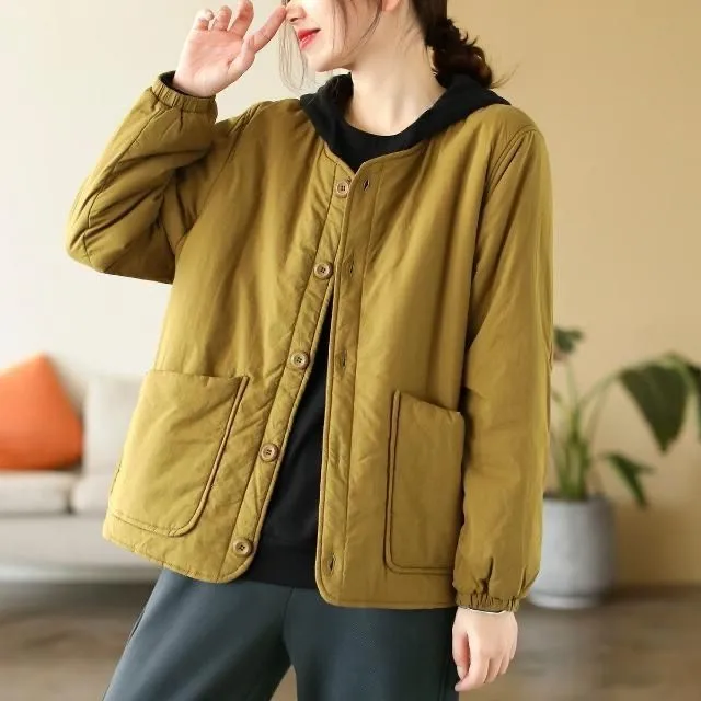 

Женская утепленная хлопковая куртка свободного кроя с V-образным вырезом и длинными рукавами для осени и зимы, скрывающая недостатки фигуры, с небольшим хлопковым наполнителем