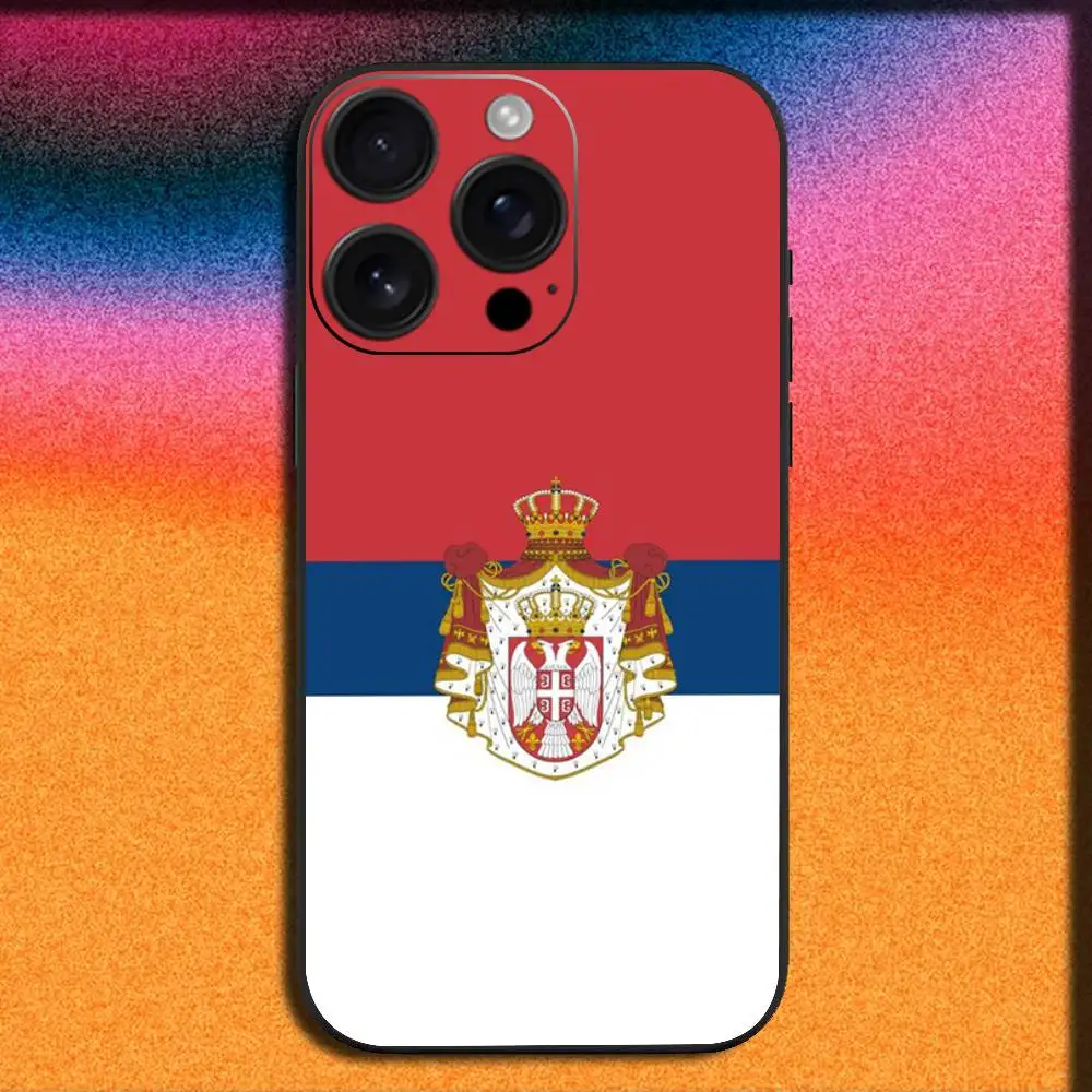 เคสโทรศัพท์ลายธงชาติเซอร์เบีย สำหรับ iPhone 17,16,15,14,13,12,Pro,Max,Plus,E,SE4,Air,Mini สีดำ