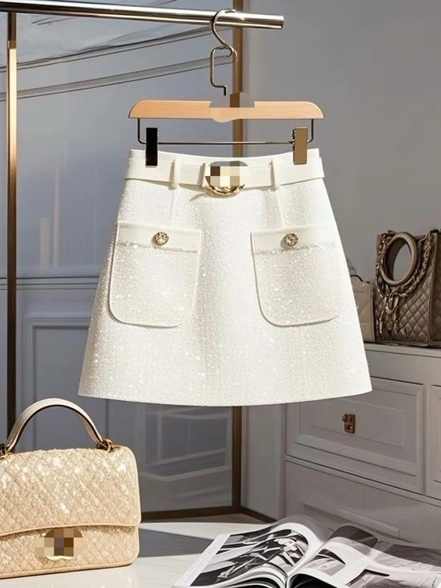 White High Waist A-Line  Skirt Women's Fashion Autumn Style Slimming Petite Friendly Small Fragrance Style Commute Friendly