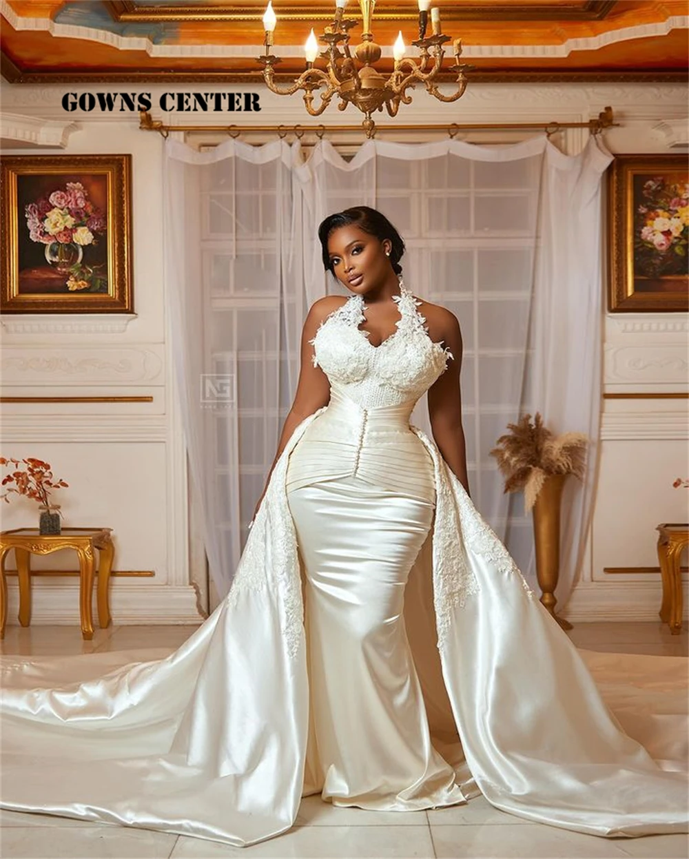 Robe de Mariée Sirène Africaine en Satin Ivoire et Dentelle Perlée pour Femme, Vêtement sur Mesure avec Traîne Personnalisée, 2024