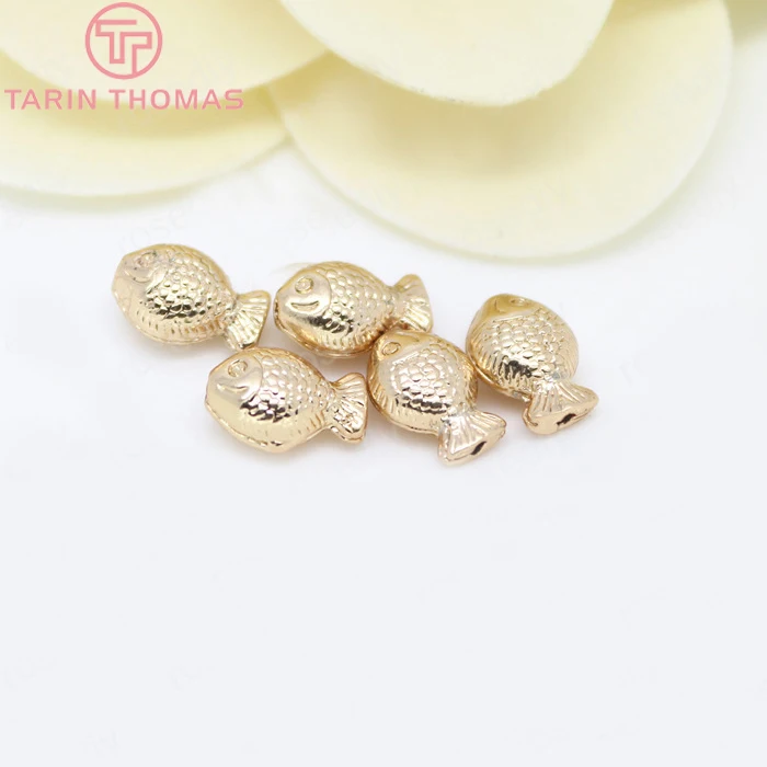 (2972)6PCS 13.5x9MM 24K Gold Color Plated Brass Small Fish Spacer Beads High Quality Diy Jewelry Accessories