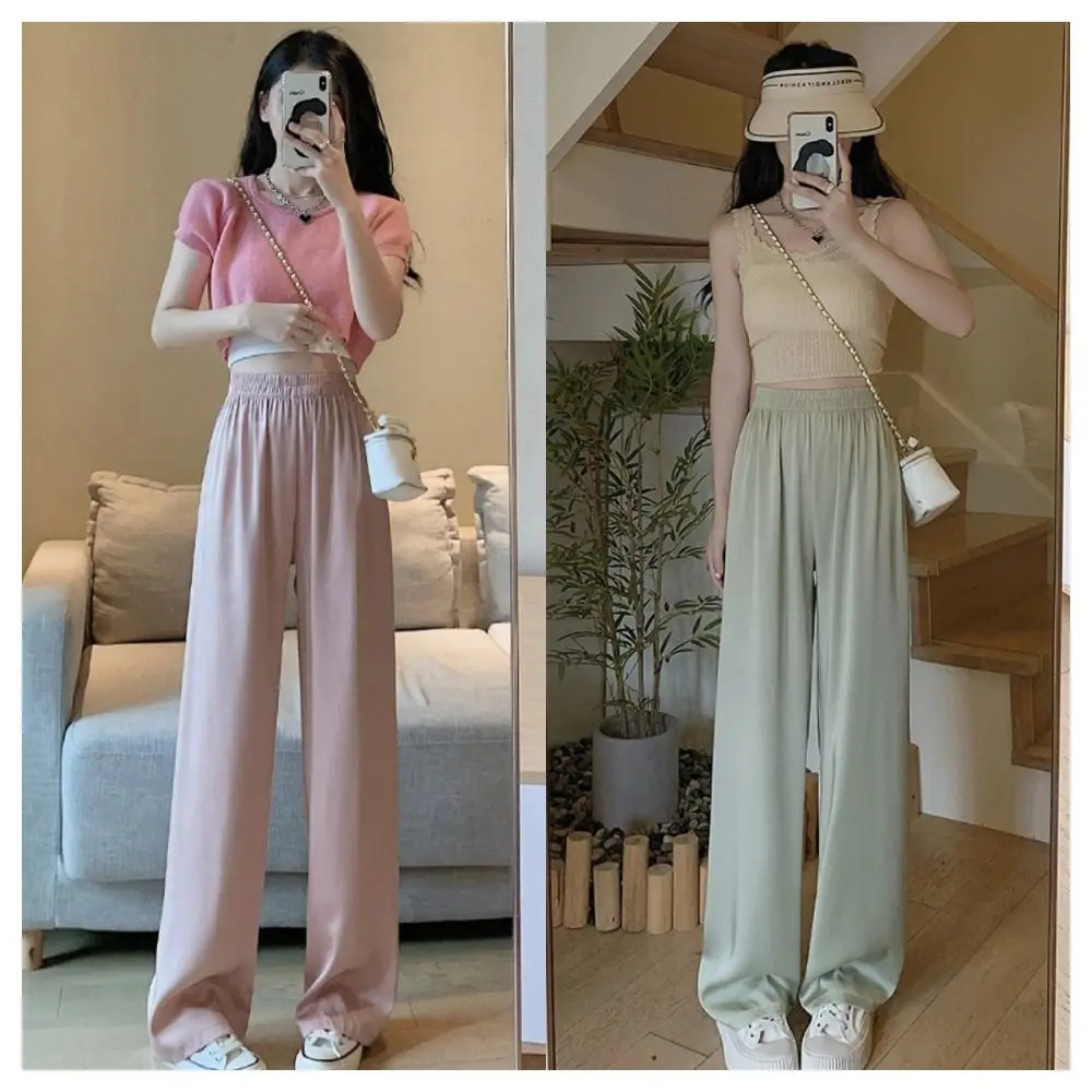 Fashion High Waist Women's Ice Silk Wide Leg Pants Thin Loose Summer Silk Satin Straight Pants Sunscreen Baggy Trousers Spring