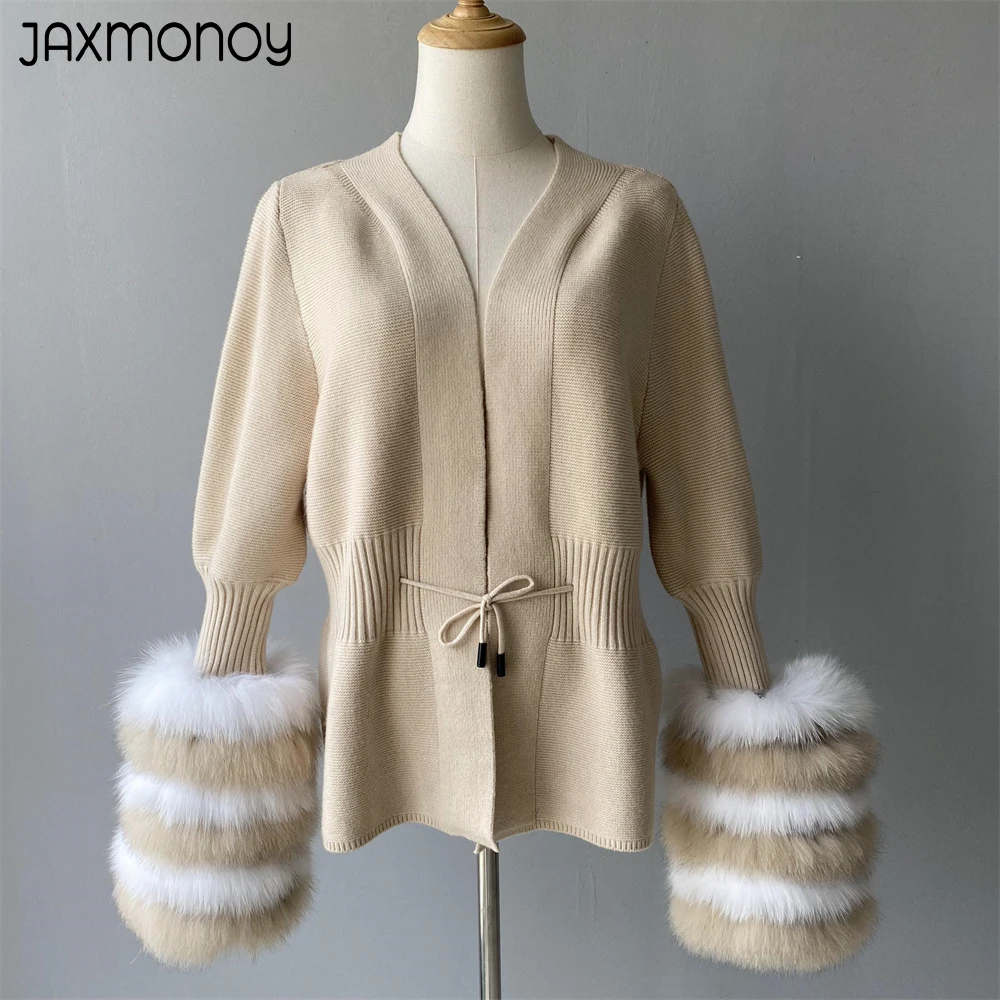 Jaxmonoy Cashmere Cardigan With Real Fox Fur Cuffs Ladies Spring Full Sleeves Belt Slim Knitted Sweater Coat Autumn Outerwear