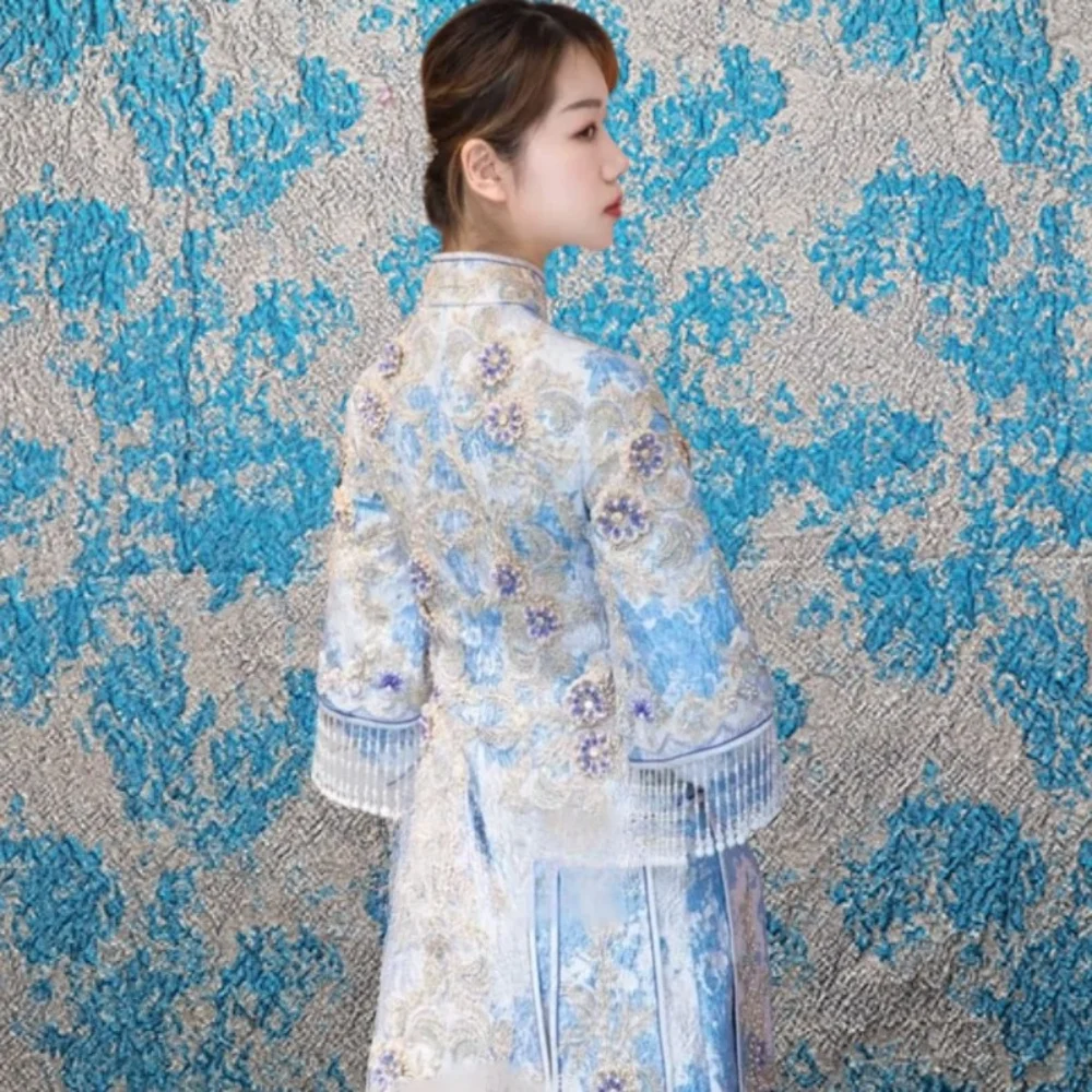 

Silver Line Brocade Jacquard Fabric Chinese Dress Dragon Phoenix Gown Windbreaker Dress Design Cloth Sew Wholesale By The Meter