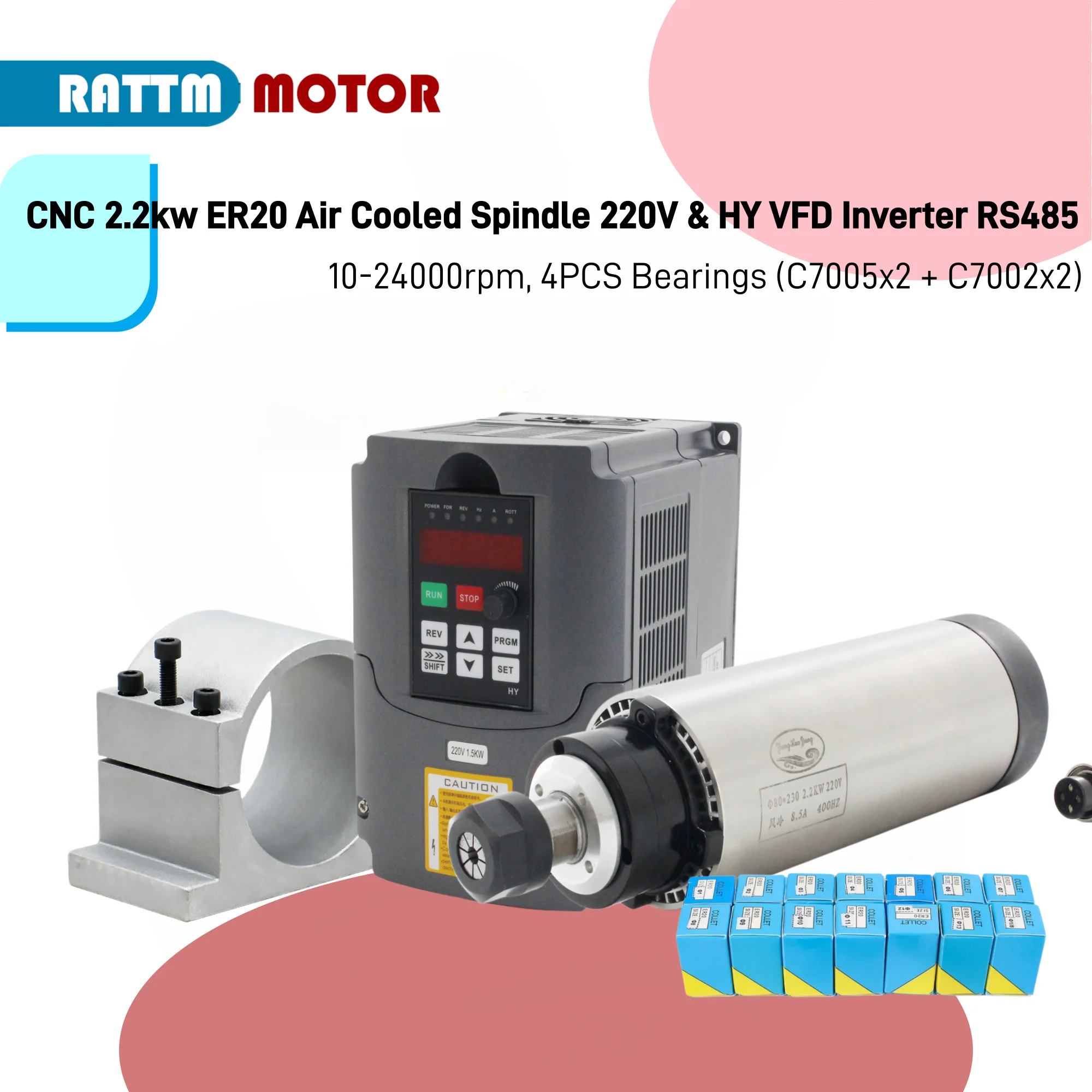 CNC 2.2kw ER20 Air Cooled Spindle Motor 220V & HY VFD Inverter RS485 & 80mm Clamp & ER20 Collet (1-13mm) for CNC Router Machine