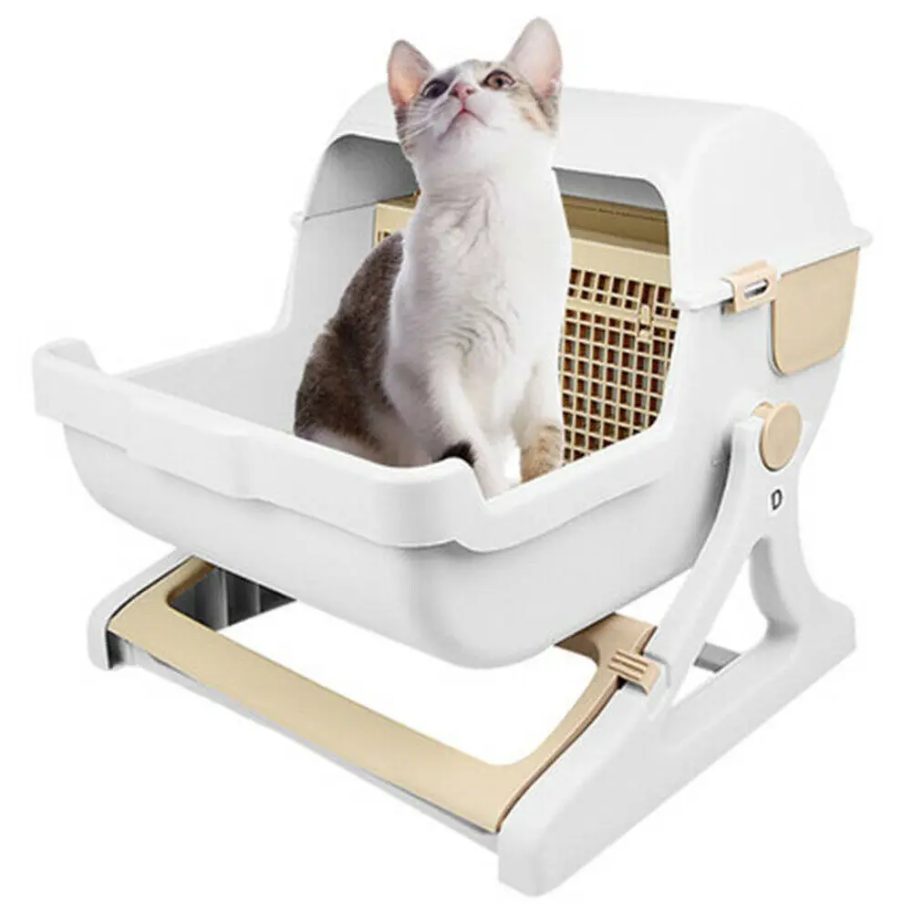 Pet Cat Litter Box Semi-Automatic Quick Cleaning Luxury Cat Toilet Indoor Sandbox Toilet Loo Tray Flip Cover Cat Bedpans