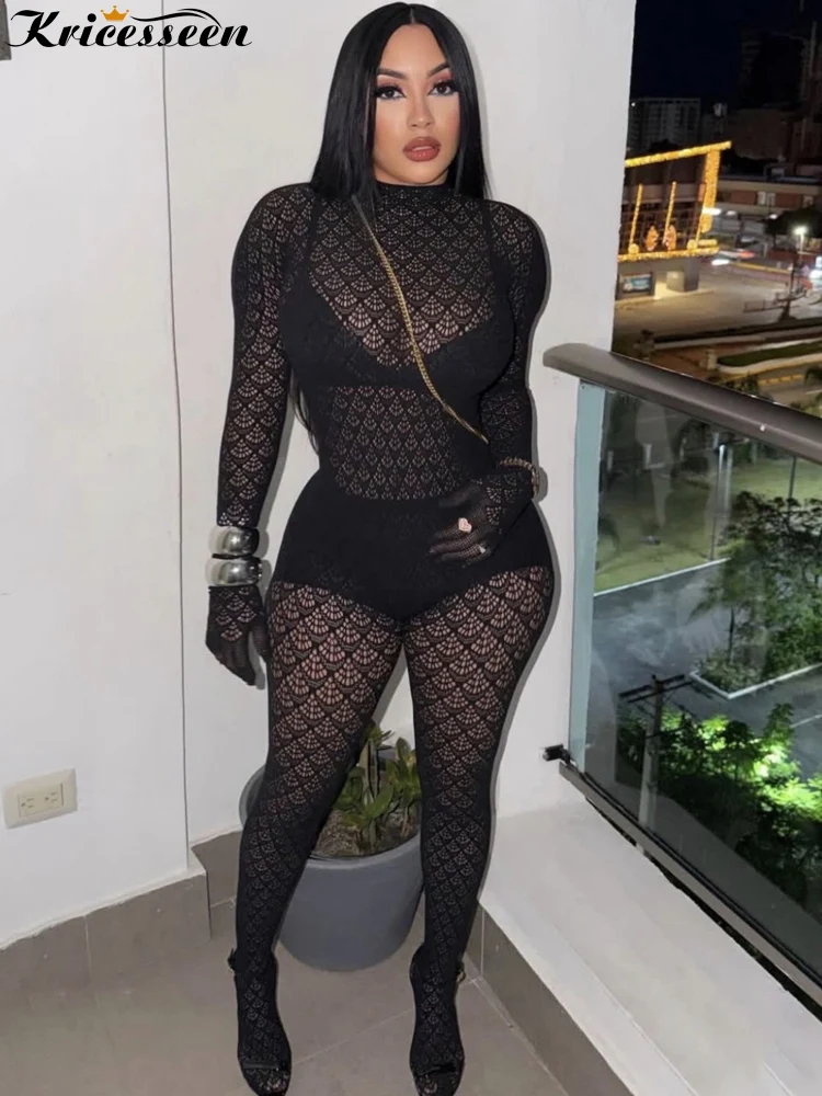 

Черный сетчатый комбинезон Kricesseen с вырезами, женский сексуальный прозрачный облегающий ромпер с длинным рукавом, высоким воротом, прозрачный комбинезон для вечеринок, Macaco