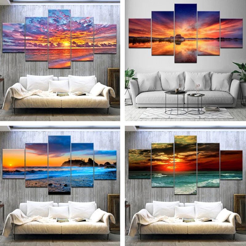 

5 Panels Sunset Sunrise Seascape Canvas Painting Wall Art Posters and Prints Waves Landscape Hd Pictures for Living Room Decor