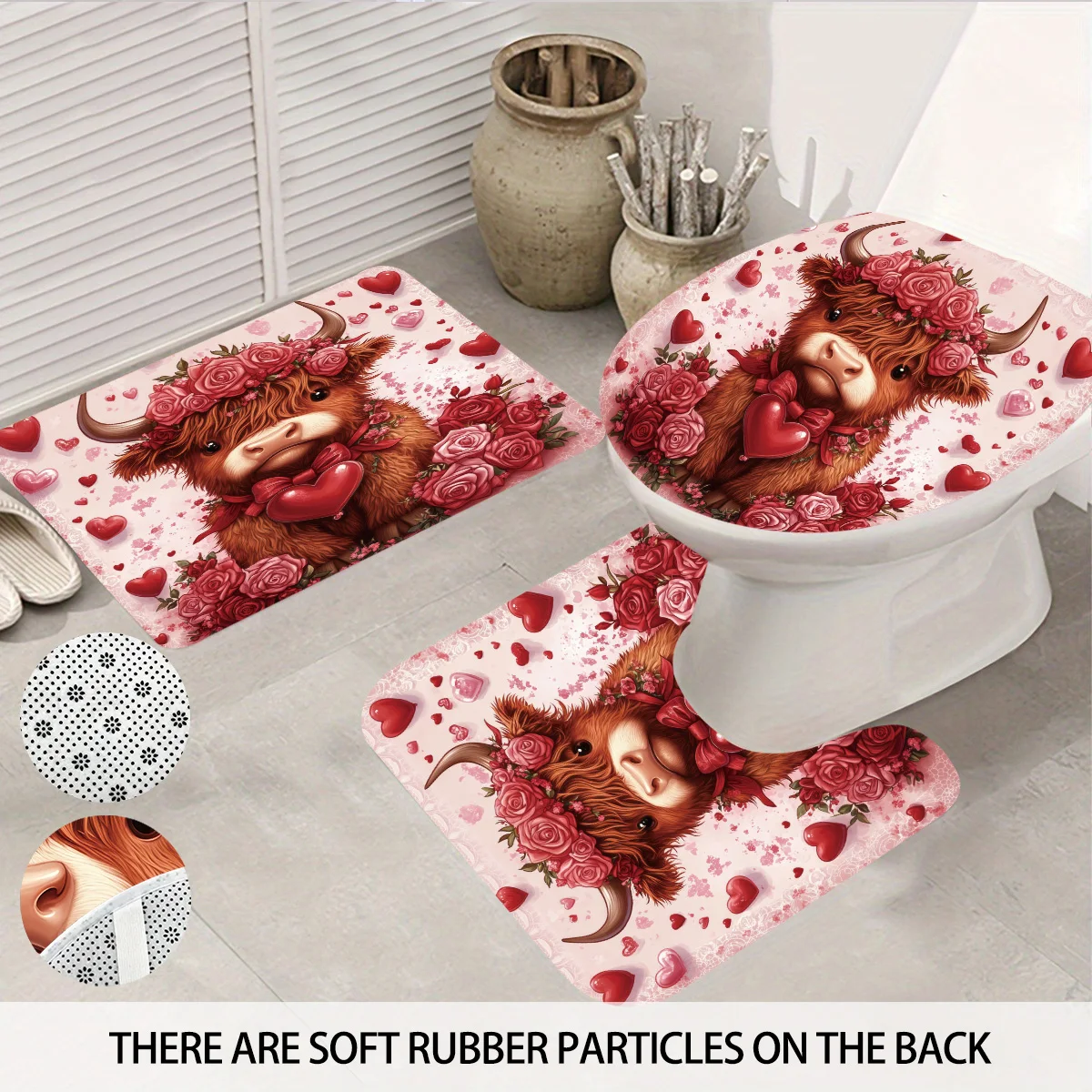 

4 шт., комплект для ванной комнаты с романтическим принтом коровы на День святого Валентина, 180x180, водонепроницаемая занавеска для душа, напольный коврик, коврик для унитаза, U-образный коврик