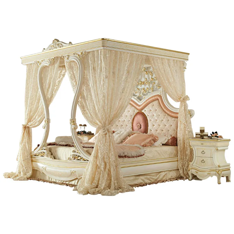 

European villa furniture French court wood carving flower shelf bed double wedding bed master bedroom fabric princ