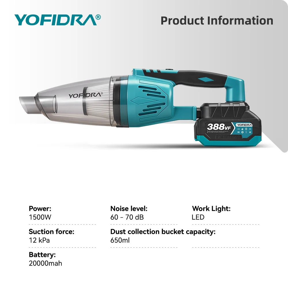 YOFIDRA 4IN1 Elektrischer Staubsauger 12Kpa 1500W Kabelloser Staubsauger Haus Auto Garten Reinigung Elektrowerkzeuge für Makita Akku Pin – Detail 3