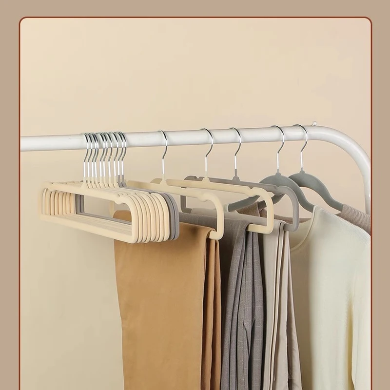 10pcs Pack Pants Hanger Flocking Plastic Space Saving Anti Slip Short Neck Beige Cloth Drying Cloth Hanger 360 ° Swivel Hook