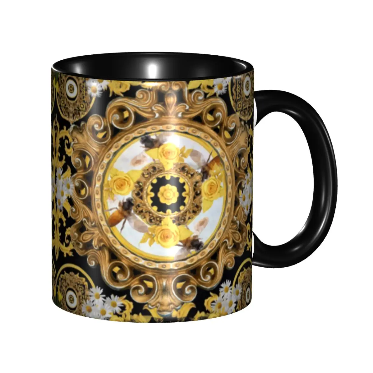 

Yellow Rose And Bees Vintage Kitsch Baroque Scarves Coffee Mug DIY Personalized Ceramic Tea Milk Mug