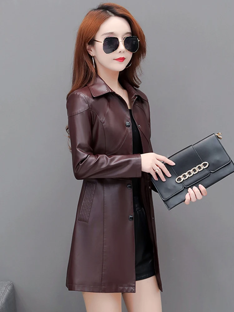 2025年春 プラスサイズ レディース レザー ジャケット スリムフィット ミディアム丈 韓国風 スリム ヘイニングコート アウター ロングスリーブ 通勤用 S...