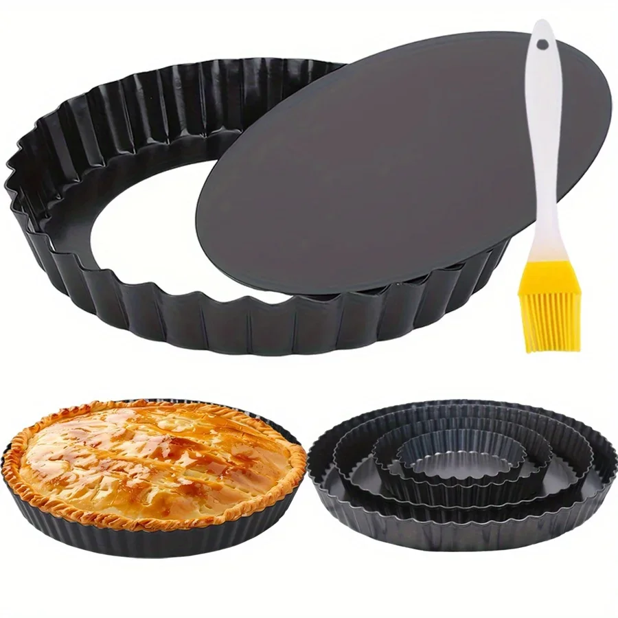 Sartén para tarta Quiche de acero al carbono negro de 4/6/8/9 pulgadas, fondo extraíble, horno antiadherente, apto para lavavajillas, incluye cepillo de pastelería JXB