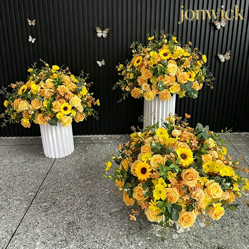 Gelber 30-80cm großer künstlicher Rosen-Pfingstrosen-Blumenball für Tischdekorationen, 5D Hochzeitstisch-Accessoires, Bühnen- und Gangdekoration, Blumenball – Detail 5