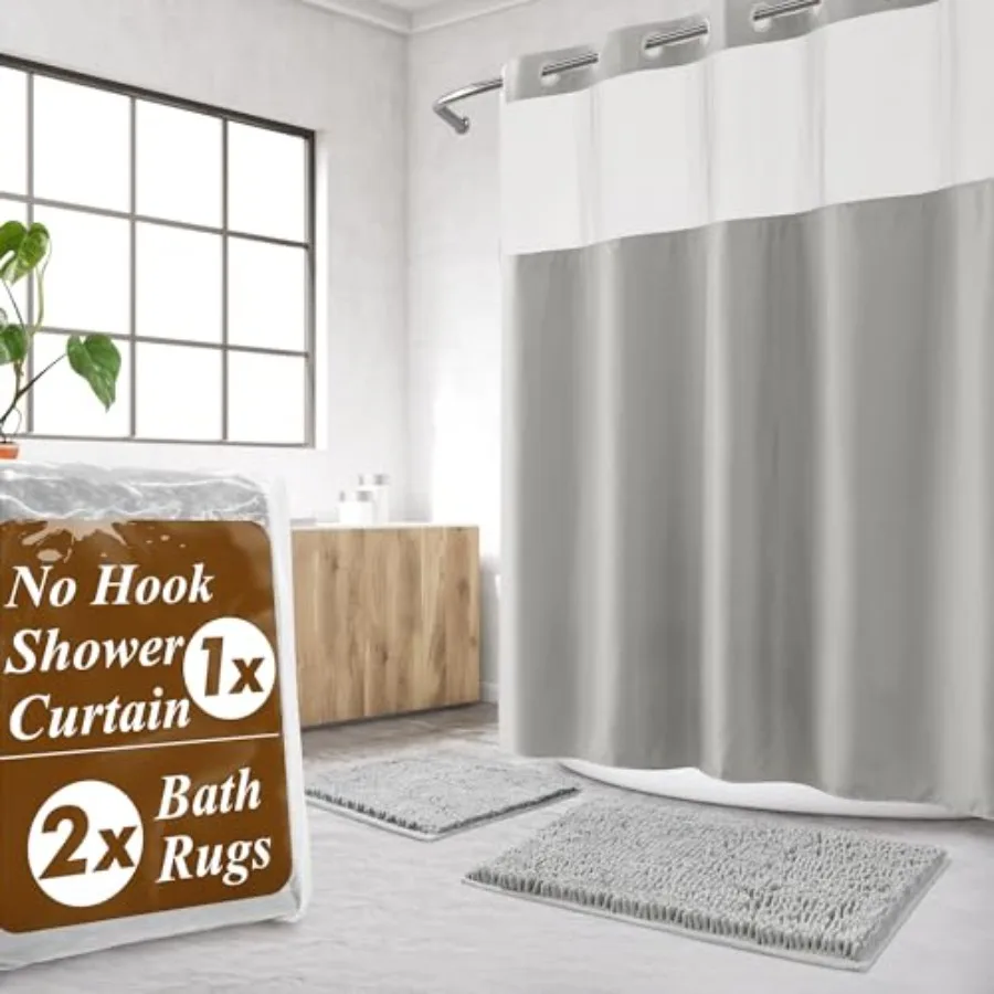 

No Hook Shower Curtain Sets with Rugs - Gray Bathroom Rugs Sets 2 Piece and Snap in Liner Bathroom Curtains, Light Grey