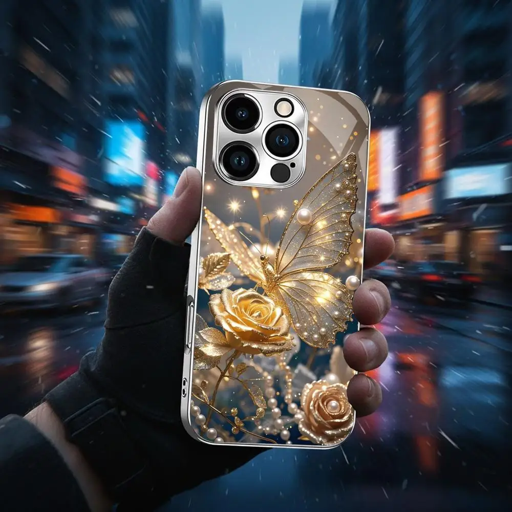 Elegant Gold-plating Butterfly&Rose Pearl Phone Case, For iPhone17 16 15 14 13 12 11Pro Max ,Frame Anti-Fall Glass Back Cover.
