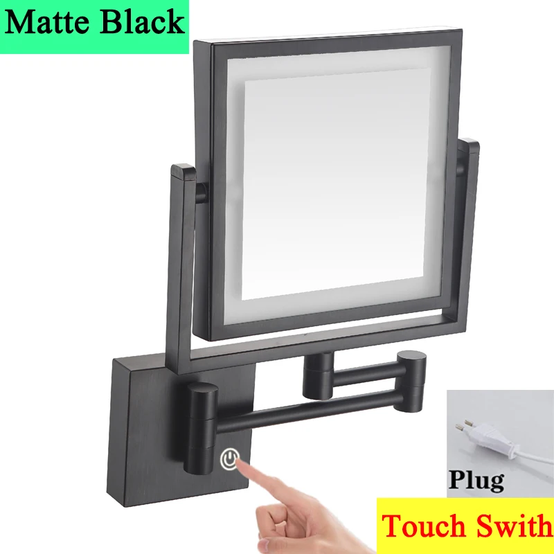 Square Touch Led opvouwbare badkamerspiegel 3x vergrotende badkamer make-upspiegels Accessoires Wandmontage Touch on badspiegels