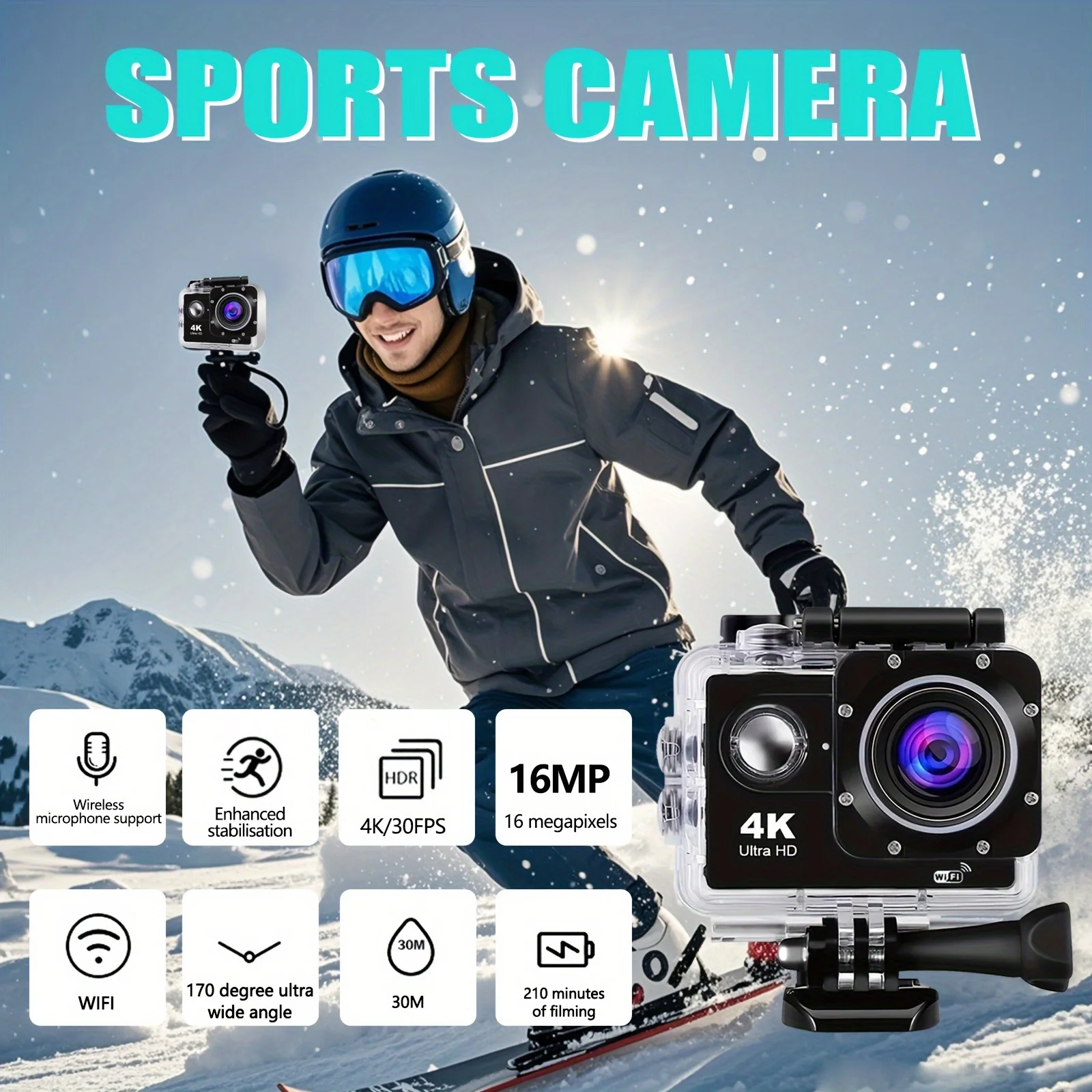 2.0 Action Camera Ultra HD 4K 30FPS WiFi Underwater Cameras Waterproof Helmet Bicycle Video Recording Cameras Outdoor Sport Cam