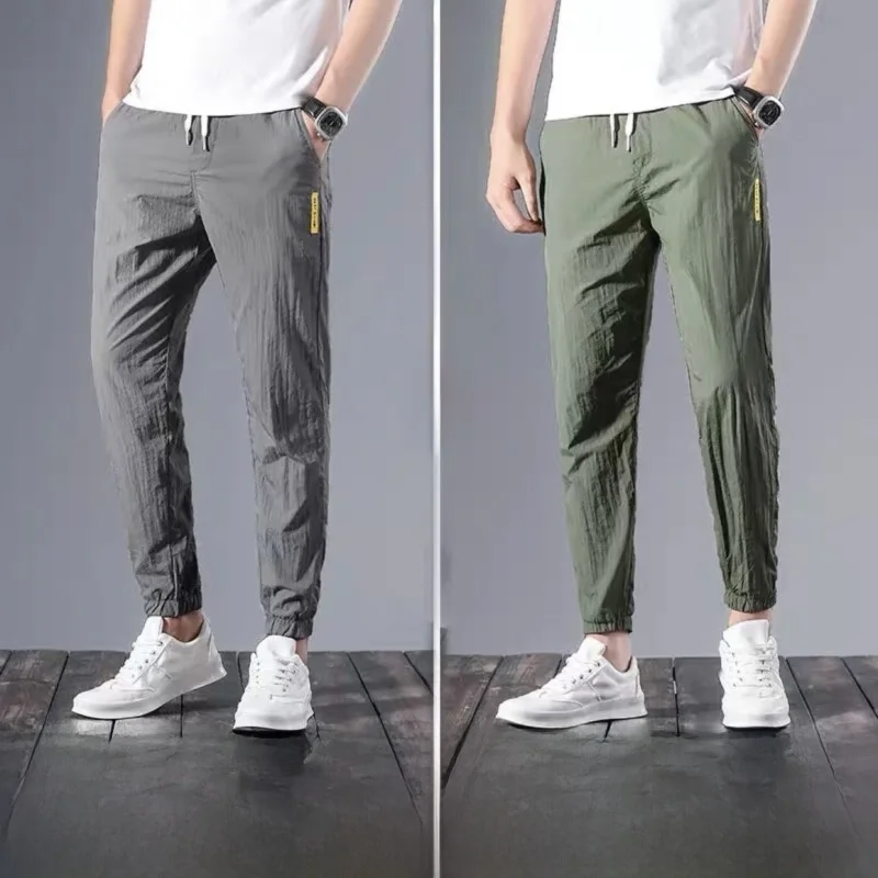 

Мужские облегающие спортивные брюки из ледяного шелка, тонкие летние повседневные шаровары со средней талией, без стрейч, деловые повседневные свободные молодежные брюки