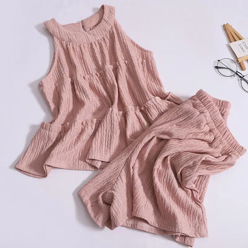 Fashionable Neck Hanging Ear Mushroom  Vest Top Elastic High Waist Slimming Wide Leg Shorts Casual Two Piece Set