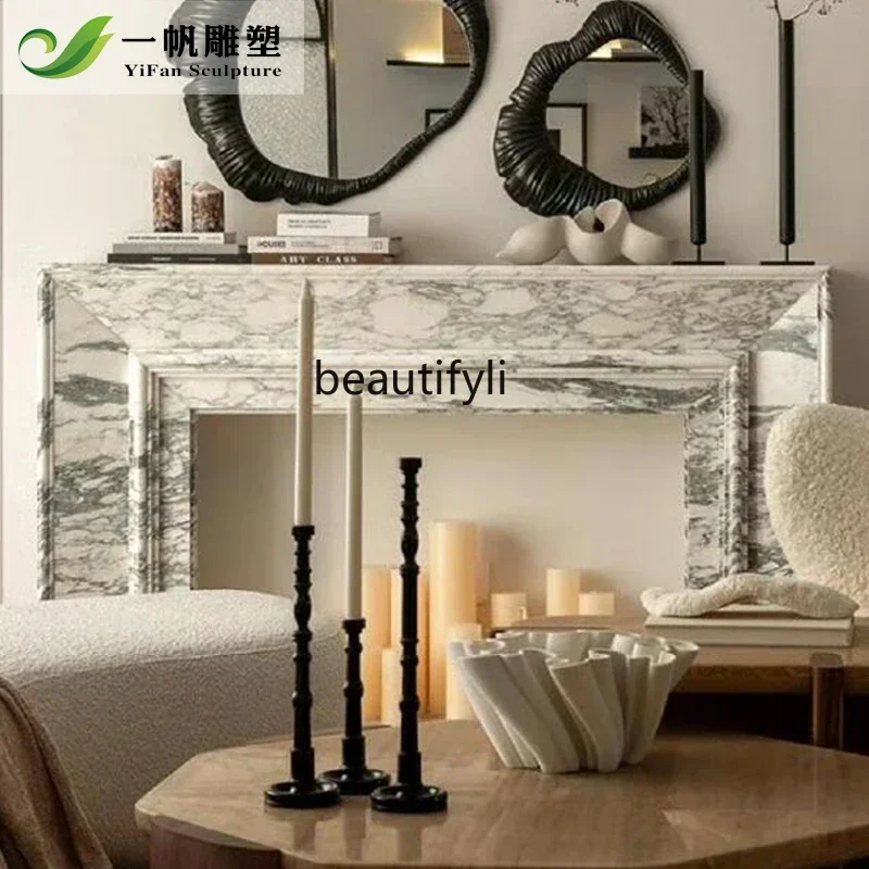 

P Natural marble fireplace French living room background wall large white stone fireplace decoration