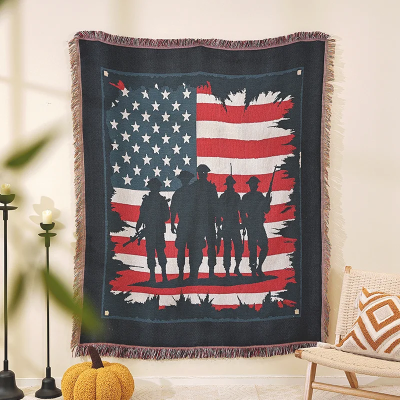 

Patriotic US Flag Soldier Tapestry Throw Blanket Woven Fringed Sofa Blanket Outdoor Camping Blanket for Hiking Picnic Home Decor