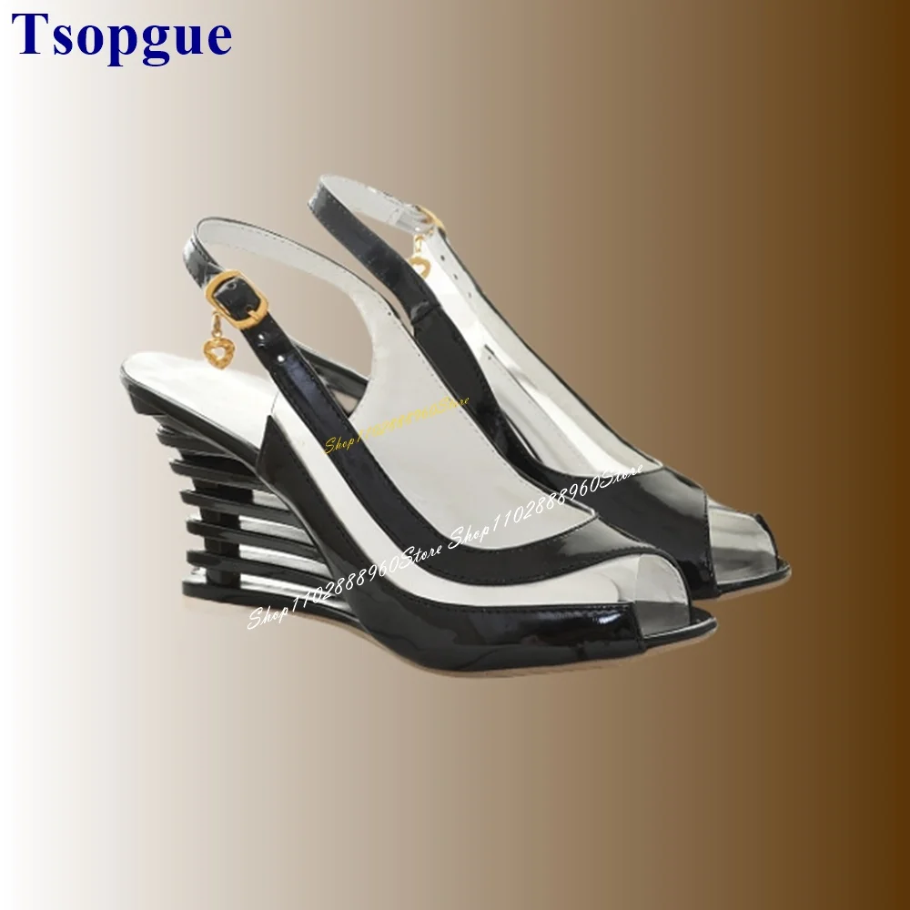 Elegante nero Splicing Slingback sandali Hollow zeppe tacco scarpe da donna cinturino posteriore Peep Toe 2024 Zapatos alla moda Para Mujere