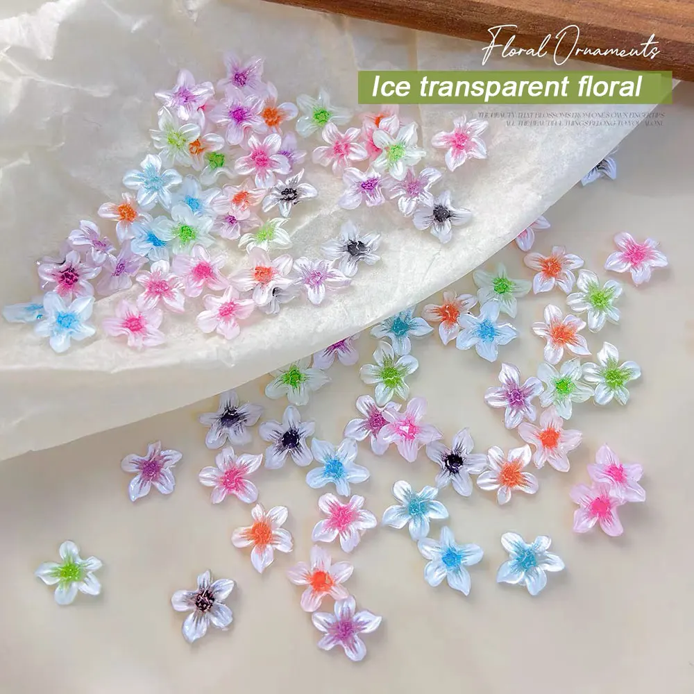 50pcs Cute Ice Transparent Flower Nail Charms 3D Spring Colorful Cherry Blossom Nail Rhinestones Pink/Purple/Blue Nail Petals D2