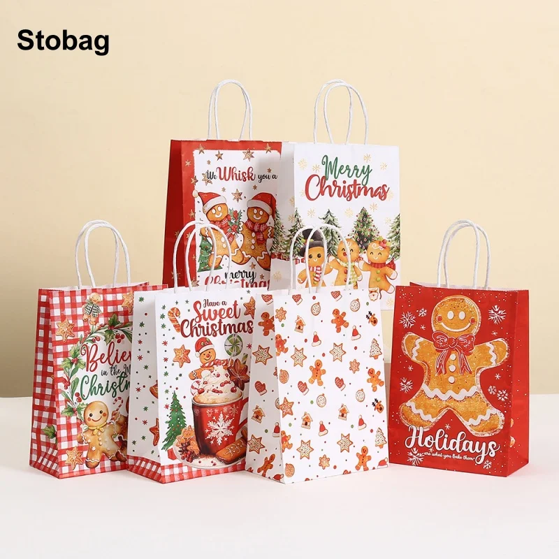 

StoBag 12/24pcs Merry Christmas Kraft paper Gift Tote Bags Packaging Child for Candy Snack Storage Pouch Birthday Party Favors