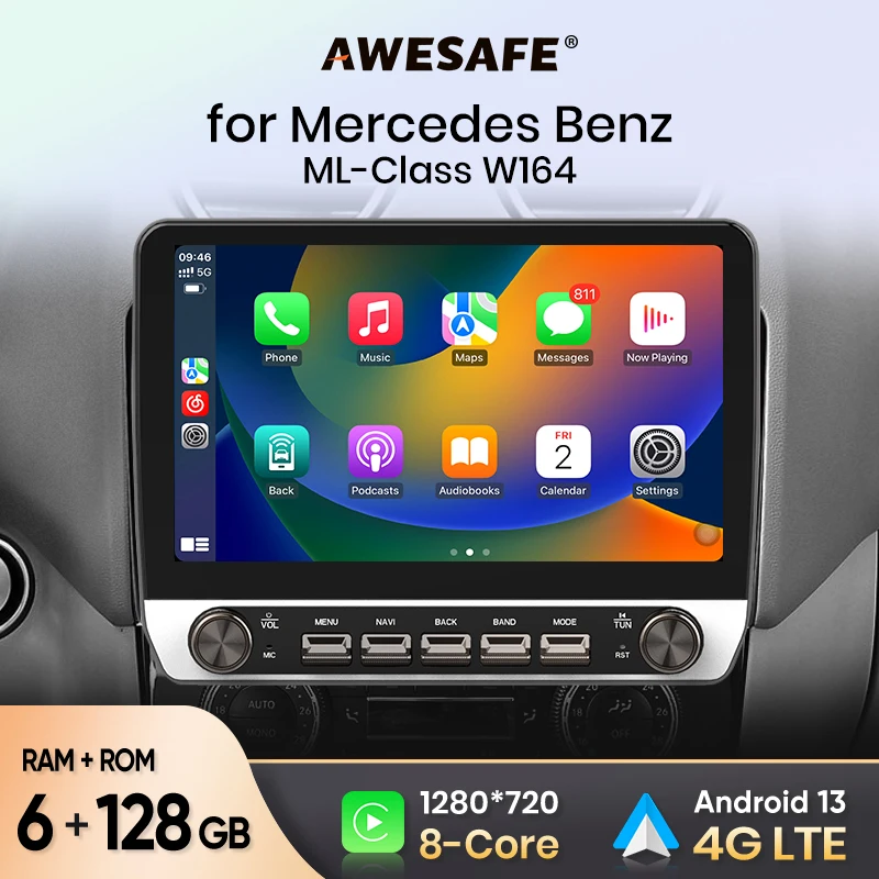 AWESAFE Car Radio for Mercedes Benz M-Class W164 GL-Class X164 ML GL Wireless Carplay Android Auto Stereo Buttons Multimedia GPS